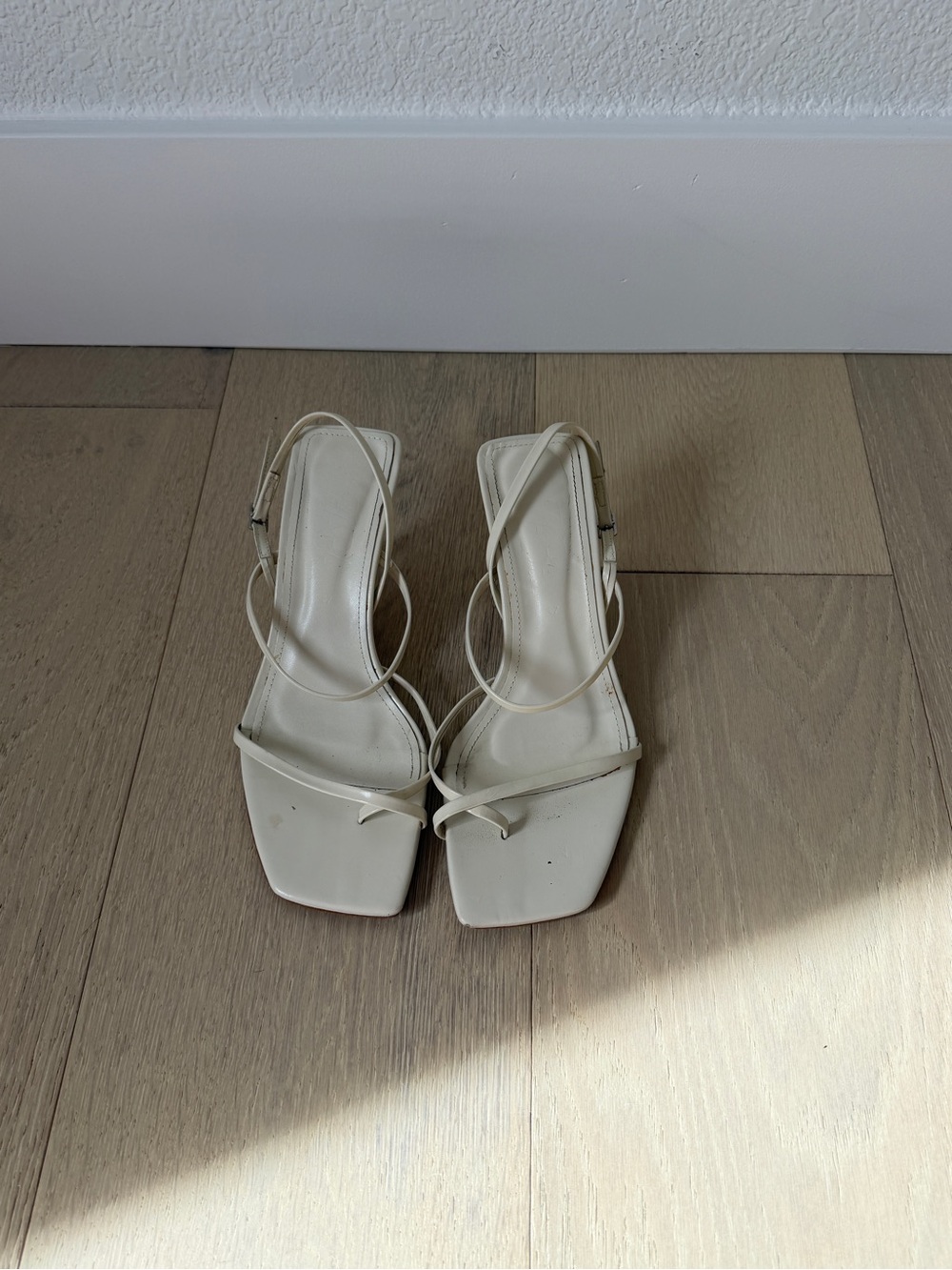 Zara Leather Cream Strappy Square-Toe Heels